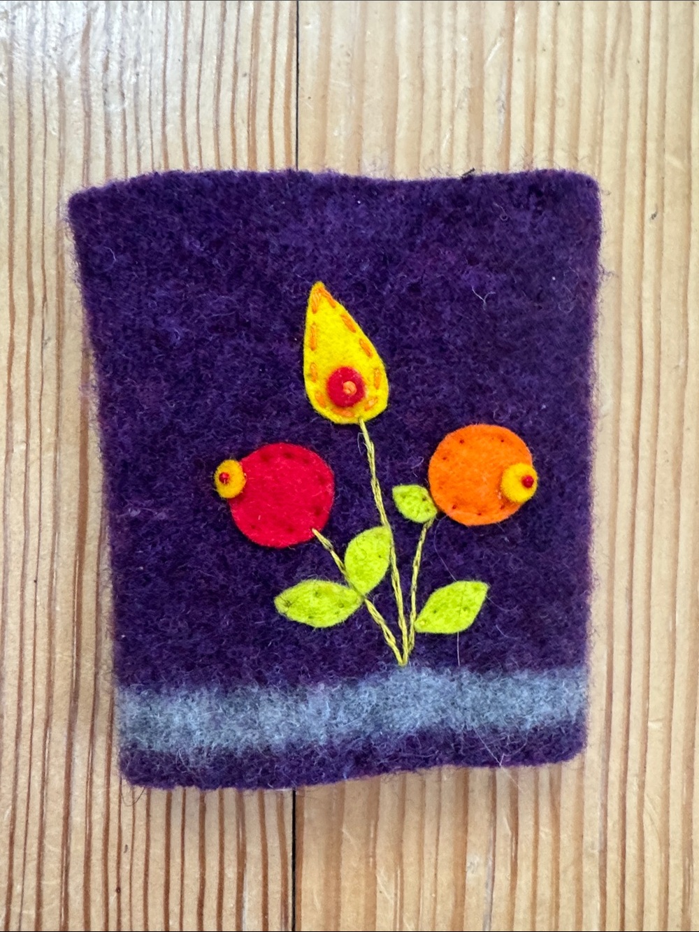 Coffee Cozy of Handcrafted 100% Wool Purple with Floral Design - New